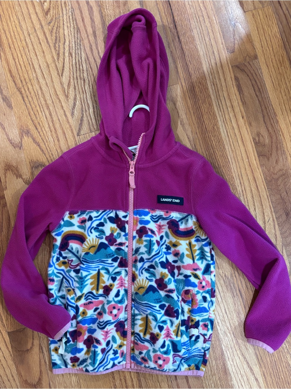 Lands' End Little Girls' Pink Hooded Fleece Jacket with Floral Print 6